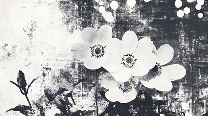 Poster - Ethereal delicate monochrome anemone flowers against a moody textured dark backdrop with a feel  The image conveys a serene contemplative and dreamy atmosphere