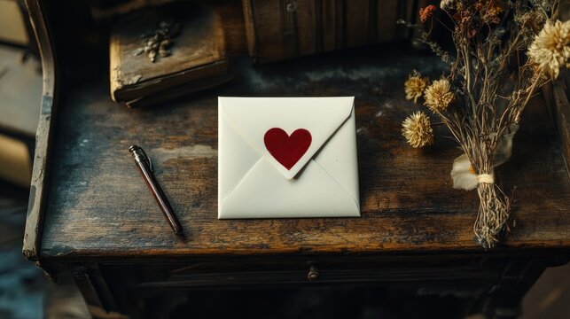 A white envelope with a red heart inside, resting on an antique wooden desk with an ink pen and dried flowers.