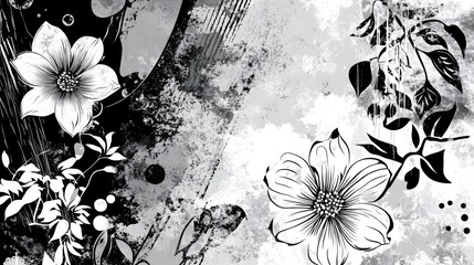 Aufkleber - floral arrangement in striking black and white tones featuring abstract textures decorative botanical elements and a dreamy ethereal aesthetic  This digital showcases a modern