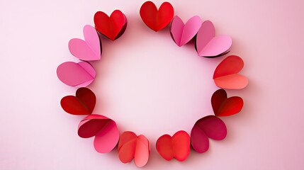Poster - Cut-out paper hearts forming a frame around an empty space on a pink background.