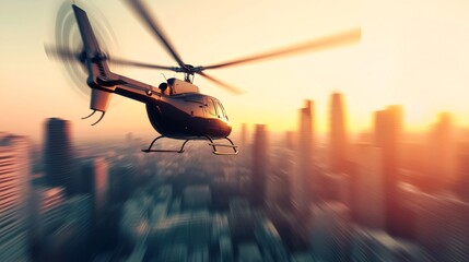 Aufkleber - Private helicopter soaring above modern skyscrapers in a bustling downtown, capturing the vibrant energy of the city at sunset with a radial blur effect emphasizing speed and dynamism