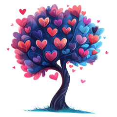 Poster - A whimsical illustration depicting a tree with heart-shaped leaves in various shades of pink and blue.