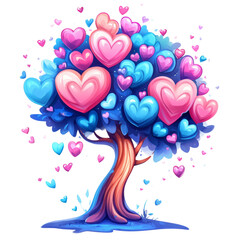 Poster - A stylized tree with pink and blue heart-shaped leaves and falling hearts, depicting a romantic and whimsical scene.