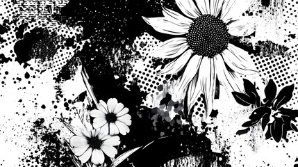 Aufkleber - Monochrome Floral Abstract Watercolor Splash Pattern Background  Elegant and stylish black and white floral digital with abstract watercolor splash dots and grunge textures