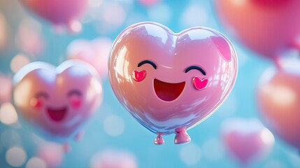 Poster - Glossy 3D heart emoticons with joyful and blushing expressions, floating in the air like balloons.