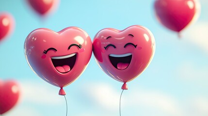 Poster - Glossy 3D heart emoticons with joyful and blushing expressions, floating in the air like balloons.