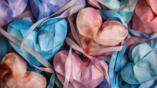 Handmade paper hearts tied with ribbons, creating a romantic composition.
