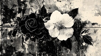 Aufkleber - Moody and dramatic monochromatic rose floral artwork with abstract botanical background  Vintage gothic