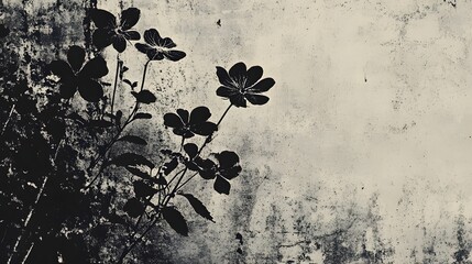 Aufkleber - Moody silhouetted floral foliage casting dramatic shadows against a grungy textured monochrome backdrop with a vintage atmospheric feel  This abstract nature inspired image has a captivating