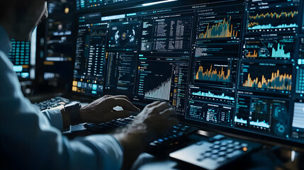 Poster - Analyst reviewing data on multiple screens at night
