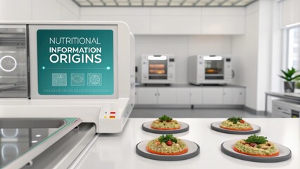 Poster - food printing machine is creating several identical dishes in a modern laboratory, displaying nutrit