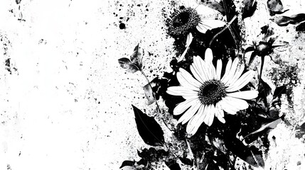 Aufkleber - Striking black and white close up photograph of a freshly bloomed daisy flower with a natural organic and minimalist aesthetic  The delicate petals and greenery create a captivating
