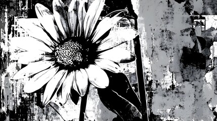 Leinwandbilder - Striking monochrome daisy flower blossom with detailed petal structure set against a moody grungy and textured background  and creative floral image with a minimalist modern and atmospheric feel