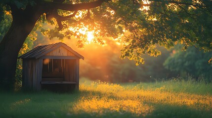 Wall Mural - Golden sunset illuminates rustic wooden shelter in a verdant field.