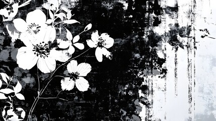 Poster - Stunning close up of delicate white floral blooms against a moody textured black and white background with a style  Elegant botanical nature photography with a minimalist serene aesthetic