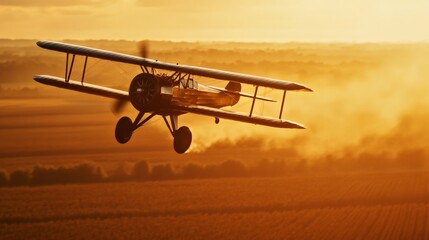 Poster - Biplane flying low over cultivated fields, leaving a trail of dust during a breathtaking sunset, creating a nostalgic and adventurous scene