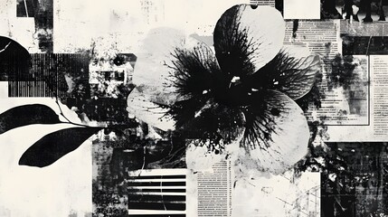 Poster - Surreal floral composition in monochromatic tones with a captivating dreamlike abstract nature scene featuring fragmented layered elements creating a visually striking and imaginative display