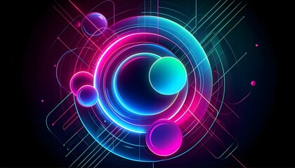 Poster - A futuristic geometric background featuring overlapping circles and intersecting lines with a glowing neon gradient