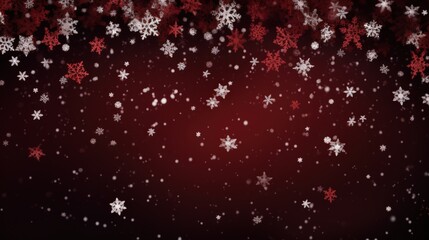 Poster - Falling Snowflakes in Chaotic Pattern on Dark Red Background, Capturing the Essence of Winter's Beauty and Seasonal Festivities