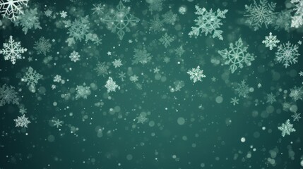 Poster - Falling Snowflakes Create a Chaotic Scene on a Green Background, Capturing the Essence of Winter Wonderland and Magical Atmosphere