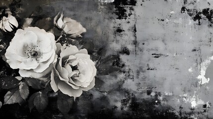 Poster - Vintage inspired monochrome floral artwork featuring delicate blooming roses with a dark moody and romantic aesthetic  This image has a grungy antique like texture and a timeless elegant appeal