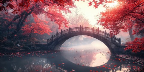 Wall Mural - A tranquil autumn bridge arching over a calm stream, surrounded by trees in glowing red and orange hues. Fallen leaves float gently on the water, creating a peaceful and textured scene. The 