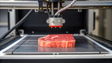 Poster - Bioprinting machines creating meat in laboratory settings are revolutionizing food production by printing beef steaks, showcasing innovative technology in artificial meat development