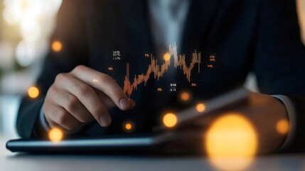 Poster - Businessman using a digital tablet is analyzing a financial growth chart, showcasing positive business trends and investment performance with glowing lights and a blurred background