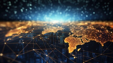 Poster - global business network technology software investment concept with illuminated world map and data c