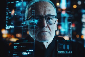 Poster - Elderly man with glasses surrounded by digital data displays