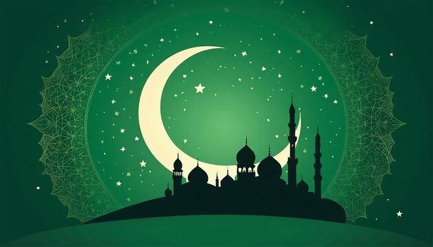 Elegant template for ramadan event with stars lantern and mosque with green background