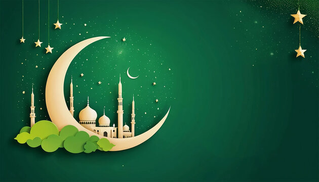 Elegant template for ramadan event with stars lantern and mosque with green background