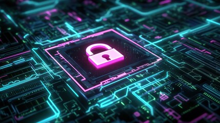 Poster - digital lock symbol on circuit board with vibrant colors