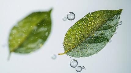 Wall Mural - fresh green leaves with water drops and clear bubbles on a soft gray background for nature, clean, a