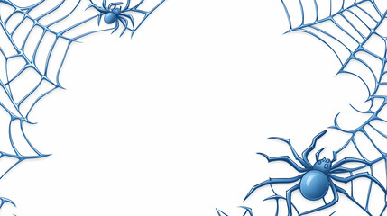 blue spiders and webs frame white background; halloween design