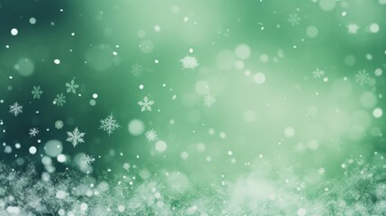 Poster - Captivating Green Bokeh Background Enhanced with White Snowflakes Creating an Enchanting Winter Wonderland Atmosphere for Your Creative Projects