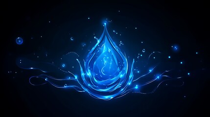 Poster - Abstract water drop illustration on dark background with splash and small droplets floating around