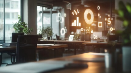 Poster - Virtual interface with financial charts and digital marketing data is projected above empty desks in a modern office, representing the integration of technology and business strategy