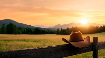 Wall Mural - Cowboy hat on fence, sunset over mountains, peaceful landscape, western travel