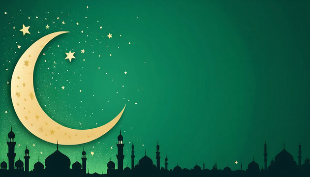 Elegant template for ramadan event with stars lantern and mosque with green background