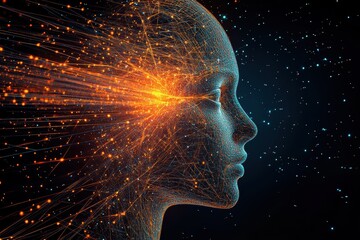 Poster - Representation of artificial intelligence merging with digital elements in a cosmic setting