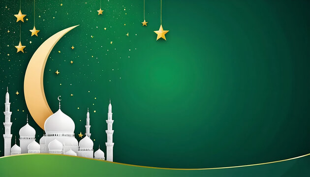 Elegant template for ramadan event with stars lantern and mosque with green background