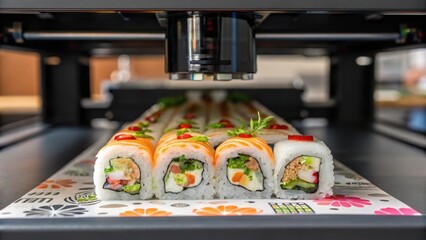 Modern food printing machine preparing a series of delicious sushi rolls with salmon, vegetables, and rice, showcasing the innovative technology of automated food preparation