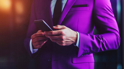 Businessman in purple suit using smartphone in modern office setting with soft background