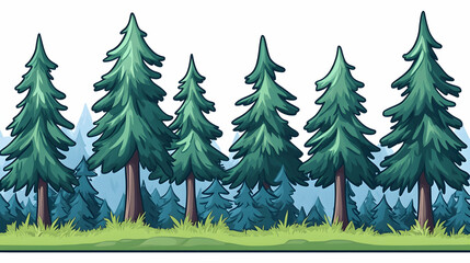 Evergreen forest landscape, mountains in background, nature scene, ideal for game backgrounds or website design