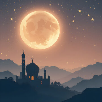 Elegant template for ramadan event with stars and mosque at night with moon