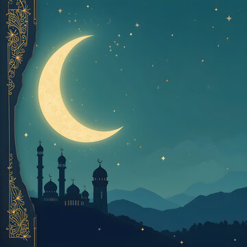 Elegant template for ramadan event with stars and mosque at night with moon