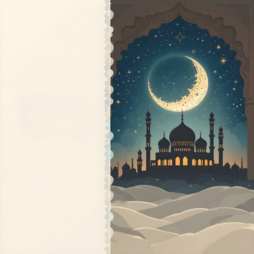 Elegant template for ramadan event with stars and mosque at night with moon