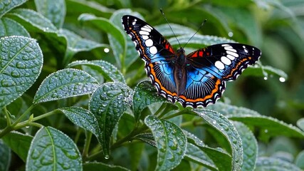 Poster - Butterfly perched on dew-covered leaves, vibrant colors. Nature and wildlife photography concept