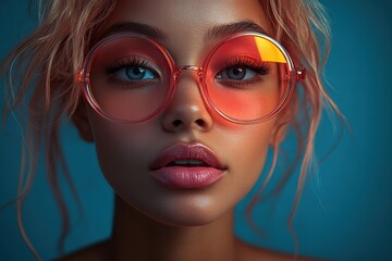 Wall Mural - Close-up of young woman wearing oversized pink sunglasses with a striking background